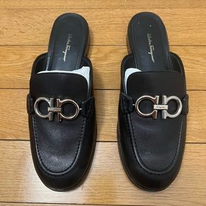 Salvatore Ferragamo Black Mules with Silver Buckle